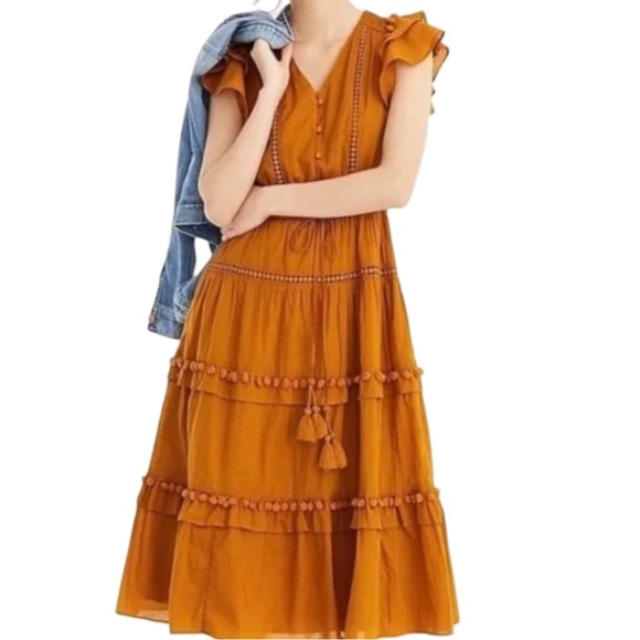 Point Sur for Jcrew Pom-Pom Flutter Sleeve Cotton Midi Dress in Caramel Womans 4 - Picture 1 of 7